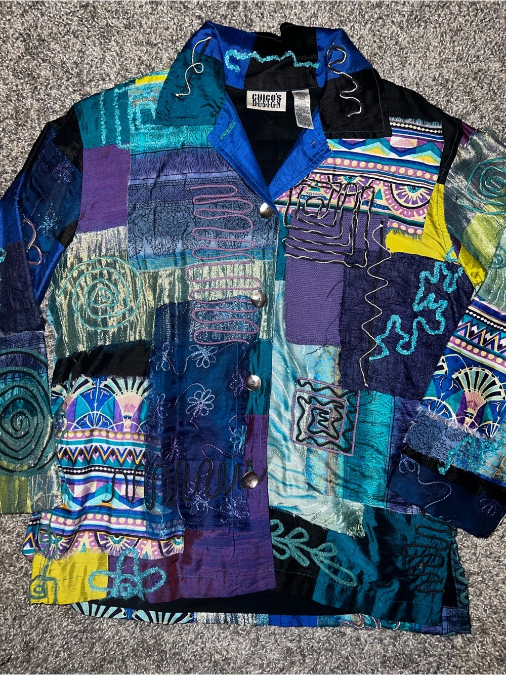 Chico's Colorblock Patchwork Button-Up Shirt - Blue Teal Purple Yellow